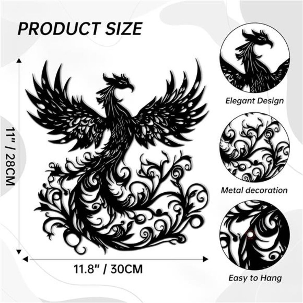 Phoenix Wall Art, Phoenix Rising Statue, Black Metal - Picture 3 of 8